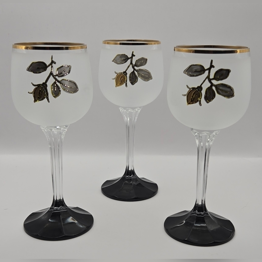 Vintage Frosted Wine Glasses Set of 3 Black Stem Gold Rim Leaf 7 Inch Goblets
